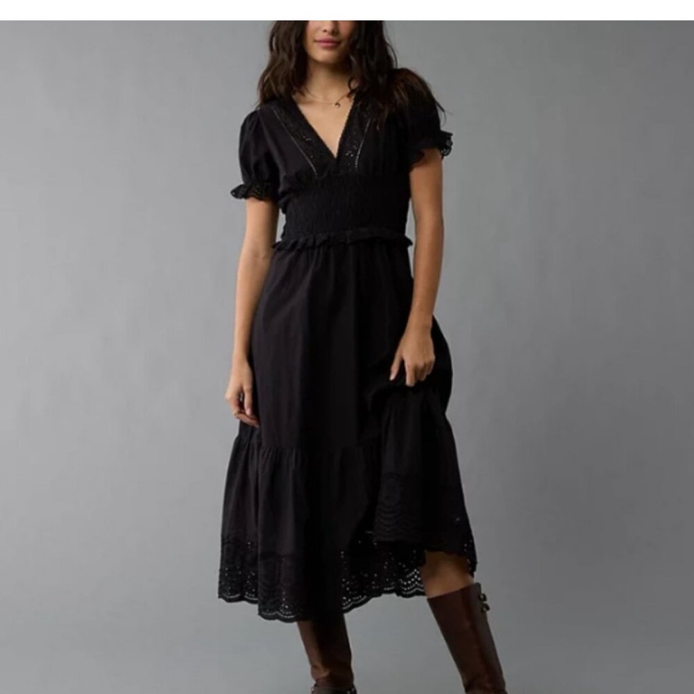 American Eagle Black Midi Dress with Smocked Waist